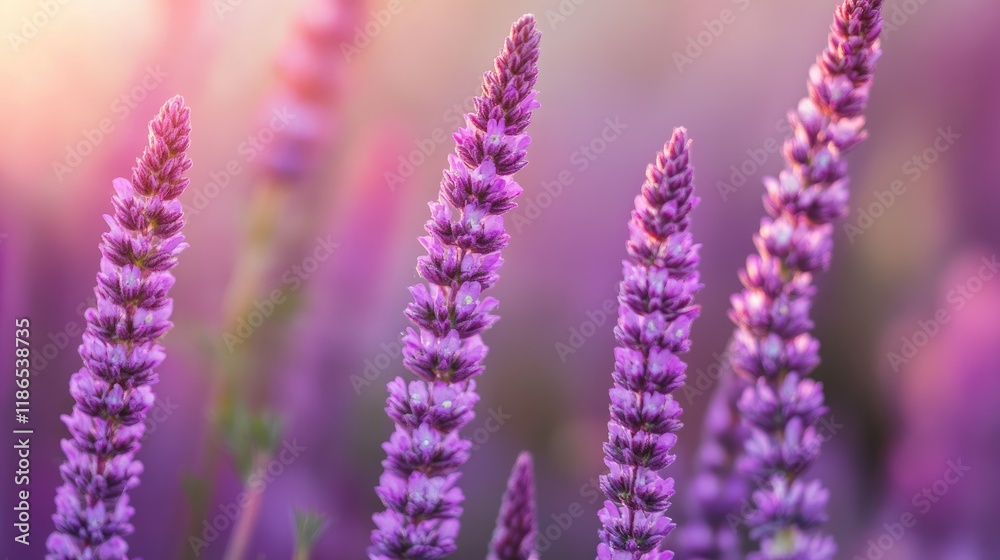 Obraz premium Purple floral stems with soft bokeh background showcasing the beauty of Erica arborea in nature's vibrant sunlight.