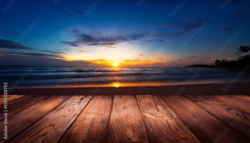 sundown at the seaside and timber table within the nighttime sundown at the seaside and timber table within the nighttime