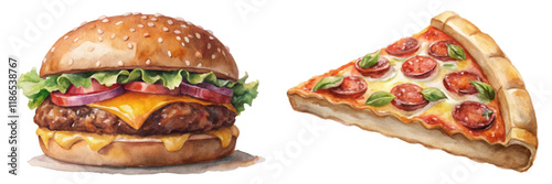 Watercolor burger illustration, delicious pizza slice, vibrant colors, food art, culinary design, appetizing visuals.