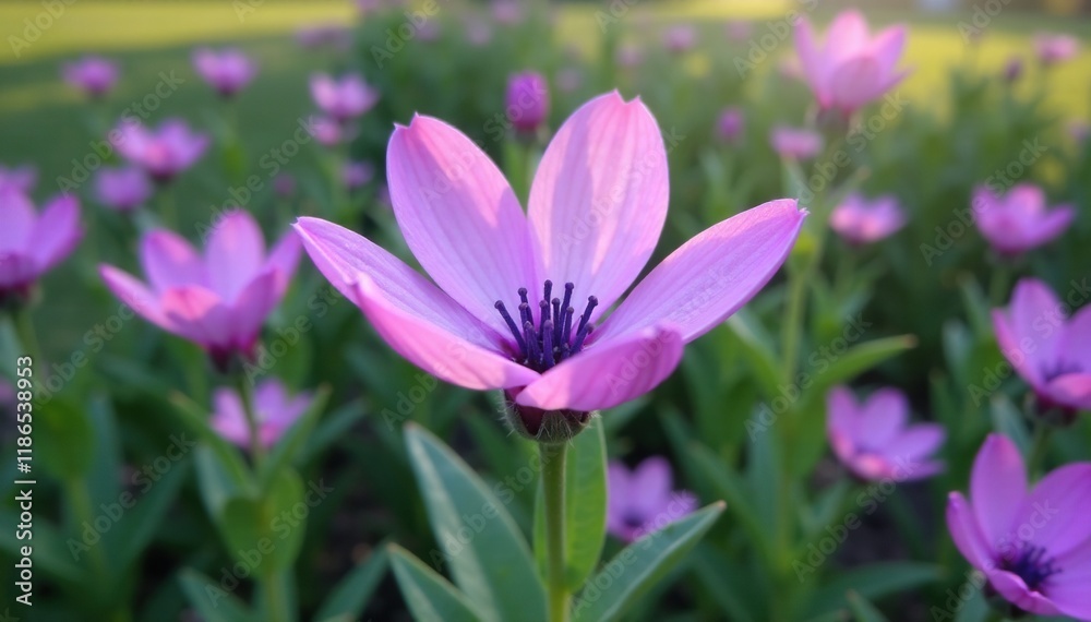 Flowering purple plant in garden with delicate white petals, blooms, purple, bloom Flowering purple plant in garden with delicate white petals, blooms, purple, bloom