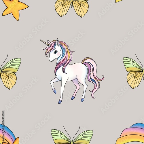Unicorn with Pastel Yellow & Green Butterfly and Rainbow Fallen Star Seamless Pattern Big Design on Pastel Gray Background