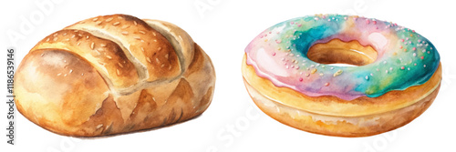 Watercolor bread loaf, colorful donut, bakery illustration, food art, delicious pastries, sweet treats, culinary design.