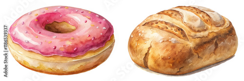 Watercolor donut illustration, fresh baked bread, colorful dessert, artisanal loaf, food art, bakery items.