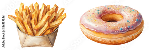 Watercolor food illustration, crispy French fries, colorful donut, delicious snacks, vibrant dessert, tempting treats.