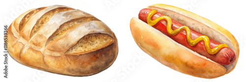 Watercolor bread loaf, hot dog bun, food illustration, culinary art, delicious snacks, fresh ingredients.
