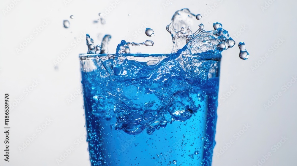 Blue soda fizzing and splashing in a glass on a white background creating dynamic and refreshing beverage visuals. Blue soda fizzing and splashing in a glass on a white background creating dynamic and refreshing beverage visuals.