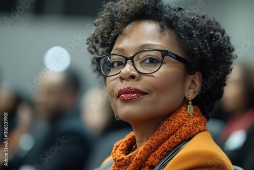 Black business seminar attendee asks question while sitting in audience at convention center. Generative AI