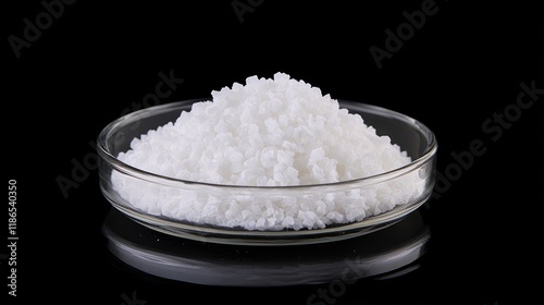 Sodium Hydroxide NaOH White Solid Powder in Glass Plate on Black Background photo