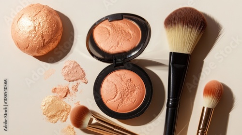 Fresh cosmetic products including a rosy blush, illuminator, and brushes for a radiant makeup look on a soft background.
