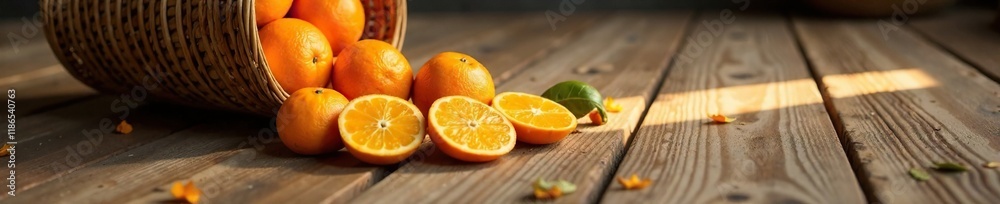 Basket of oranges spilled on a rustic wooden floor, floor, natural, spill Basket of oranges spilled on a rustic wooden floor, floor, natural, spill
