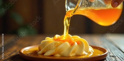 Rich golden liquid flowing from a pouring jug, sweet, dessert, golden liquid photo