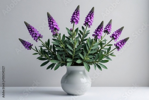 Mexican bush sage shrub with grayish green leaves and purple flowers in a vase, shrub, purple flowers, photo