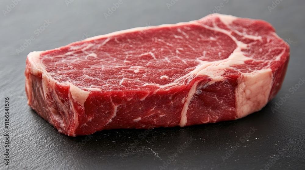 Raw ribeye steak with marbling on a dark slate surface showcasing fresh, high-quality meat for culinary presentations and recipes. Raw ribeye steak with marbling on a dark slate surface showcasing fresh, high-quality meat for culinary presentations and recipes.