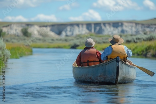 Senior couple canoeing on river enjoying summer vacation in wyoming wilderness