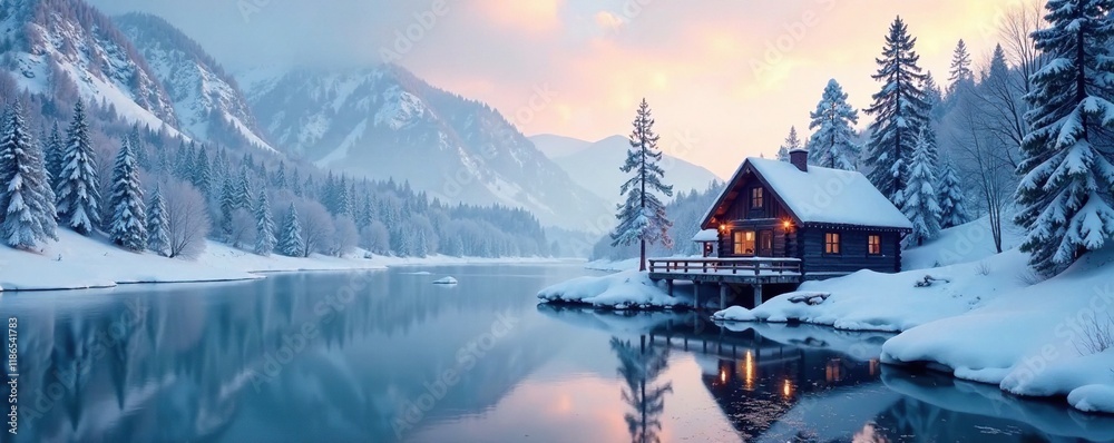 Fototapeta premium A small cabin by a frozen river with snow-covered trees and hills in the background, serene environment, winter wonderland, peacefulness
