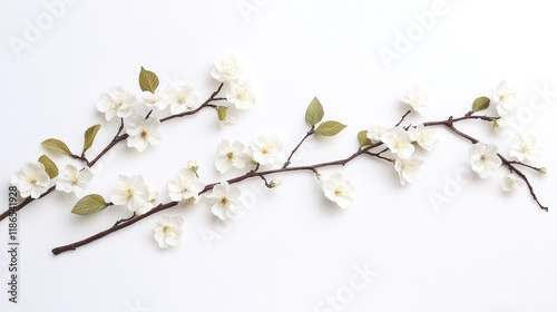Delicate Cherry Blossom Branch with White Flowers and Green Leaves on a Light Background