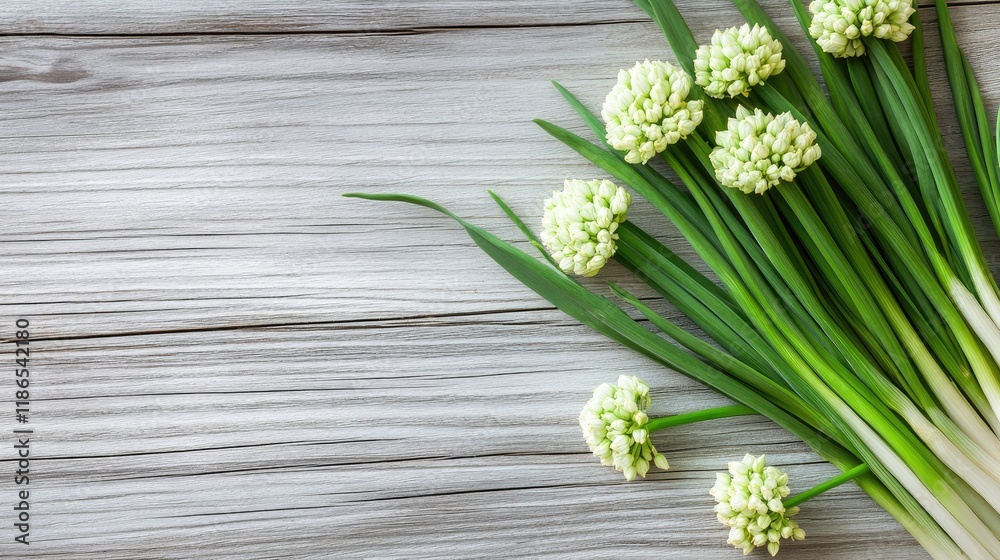Green onion flowers arranged on light wooden boards showcasing fresh produce with selective focus and vibrant colors.