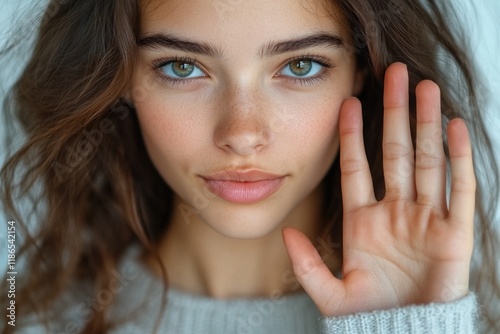 A young woman covers her face with her hand, possibly hiding from something photo