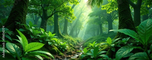 lush green vegetation in a subtropical forest, summer, lush, tropical