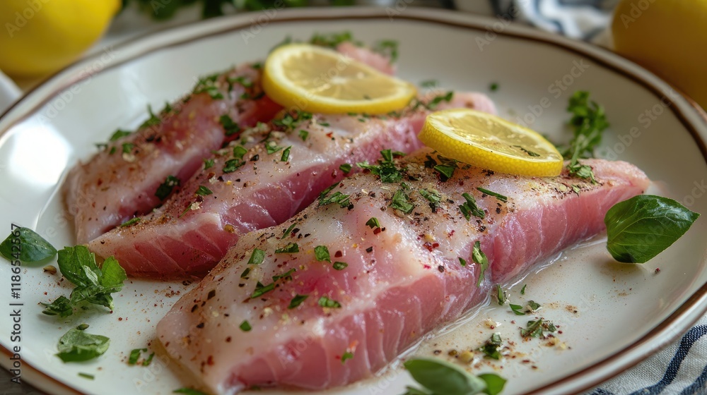 Fresh raw fish fillets garnished with lemon slices and aromatic herbs ready for cooking or grilling on a rustic plate. Fresh raw fish fillets garnished with lemon slices and aromatic herbs ready for cooking or grilling on a rustic plate.