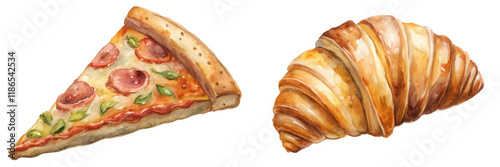 Watercolor food illustration, pizza slice, flaky croissant, delicious pastries, culinary art, vibrant colors, appetizing design.