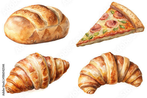 Watercolor food illustration, fresh baked bread, delicious pizza slice, flaky croissants, culinary art style.
