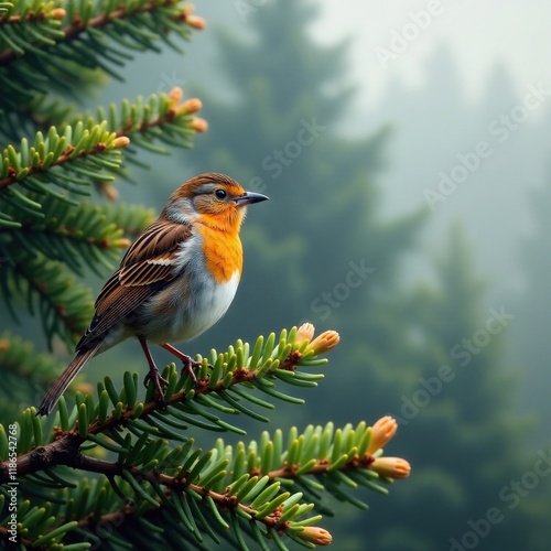 A song sparrow perches on the twig of a coastal evergreen in the misty Oregon morning, birdsong, nature, songsparrow photo