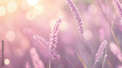 Pastel Pink and Violet Soft Bokeh Background with Delicate Grass Blades in a Dreamy Nature Scene photo