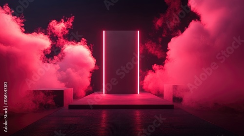 Minimalist stage design with 3D rendered dark pink glowing clouds and illuminated cube for product display and abstract concepts