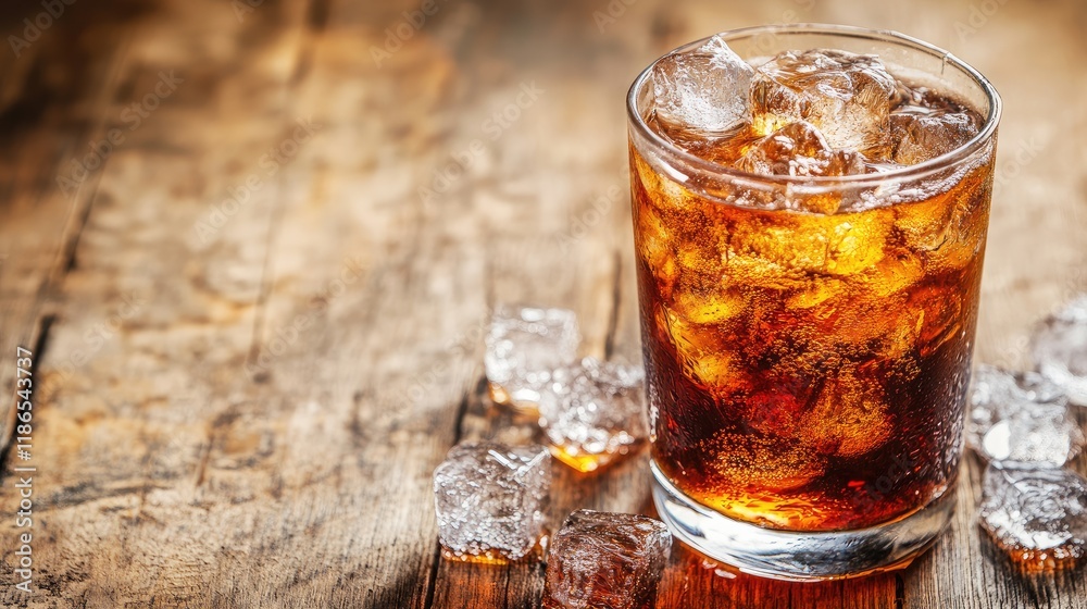 Refreshing soft drink with ice cubes in a glass on rustic wooden table showcasing chilled beverage and summer vibes