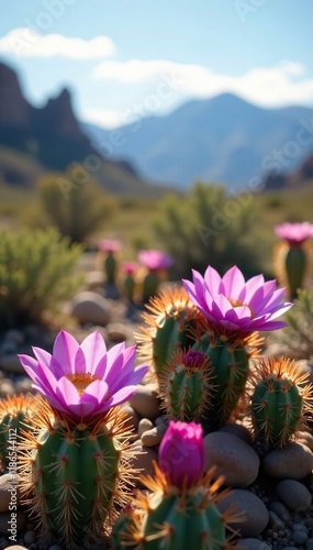 Purple desert flowers sway in the gentle breeze amidst cholla cacti, wind, landscape, flowers