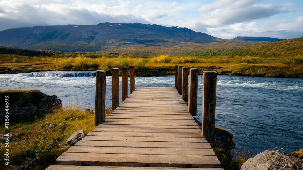 Fototapeta premium Serene Wooden Dock Overlooking Calm River with Lush Green Landscape and Majestic Mountains in Background