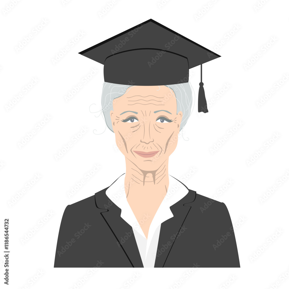 Portrait of a senior woman in graduate gown. Avatar of an elderly professor lady, vector isolated illustration. Portrait of a senior woman in graduate gown. Avatar of an elderly professor lady, vector isolated illustration.