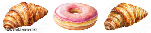 Watercolor pastries, delicious croissants, pink frosted donut, bakery treats, food illustration, gourmet desserts.