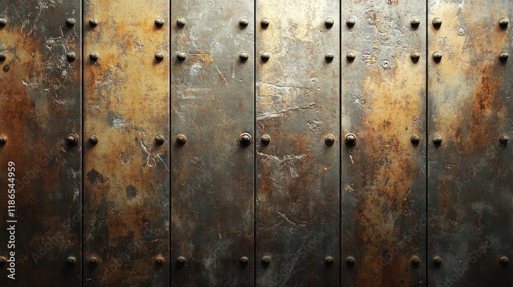 Fototapeta premium Rustic steel plate background with rivets showcasing a distressed and weathered metal texture ideal for industrial design applications.