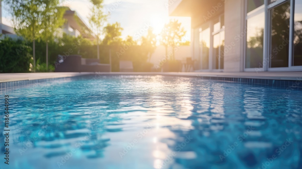 Luxury home with sparkling swimming pool at sunset surrounded by lush greenery and modern architecture in a serene outdoor setting. Luxury home with sparkling swimming pool at sunset surrounded by lush greenery and modern architecture in a serene outdoor setting.