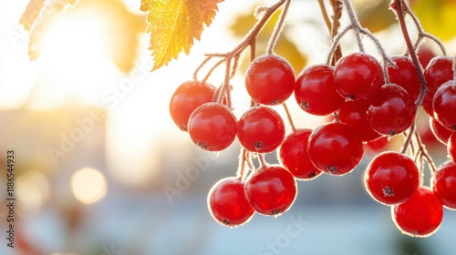 Cranberry Sunset Glow: A vibrant cluster of glistening red cranberries hangs heavy on a branch, illuminated by the warm, golden light of the setting sun. photo