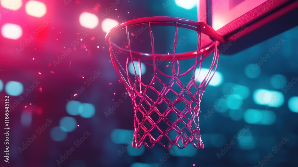 Vibrant Basketball Hoop with Neon Lights in a Stadium Setting Vibrant Basketball Hoop with Neon Lights in a Stadium Setting