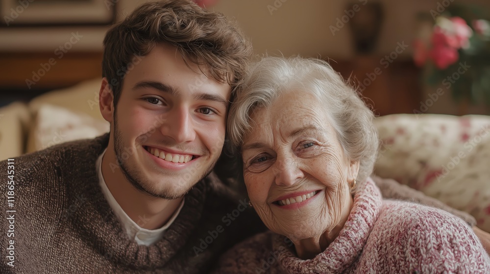 Smiling Grandson with Elderly Grandmother at Home Smiling Grandson with Elderly Grandmother at Home
