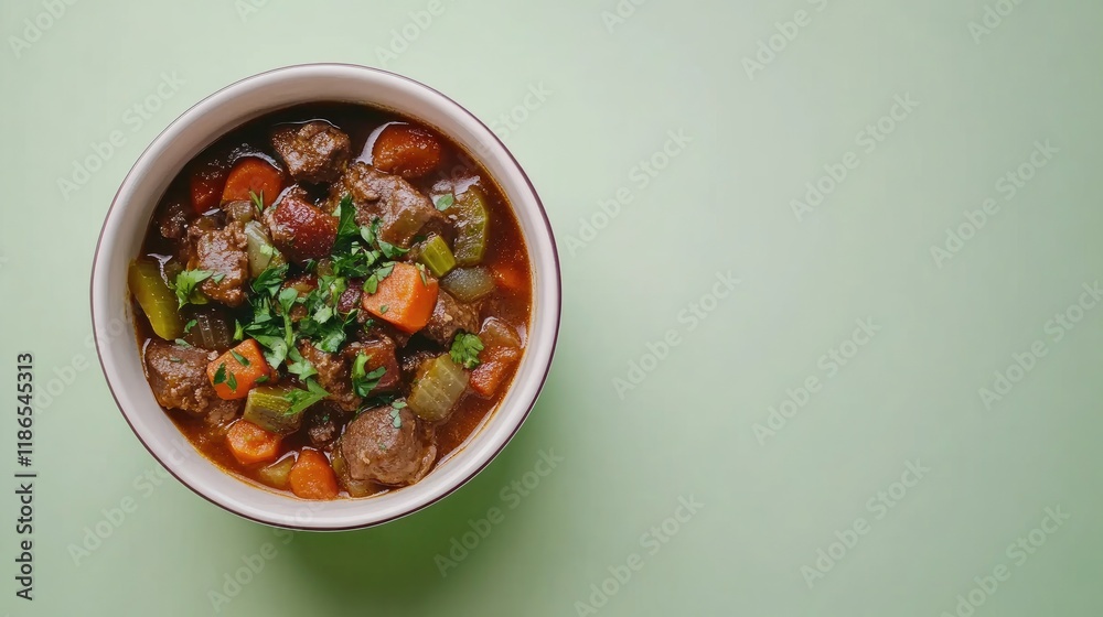 Homemade vegetable stew in bowl on light green background with fresh herbs for a healthy meal and recipe inspiration. Homemade vegetable stew in bowl on light green background with fresh herbs for a healthy meal and recipe inspiration.