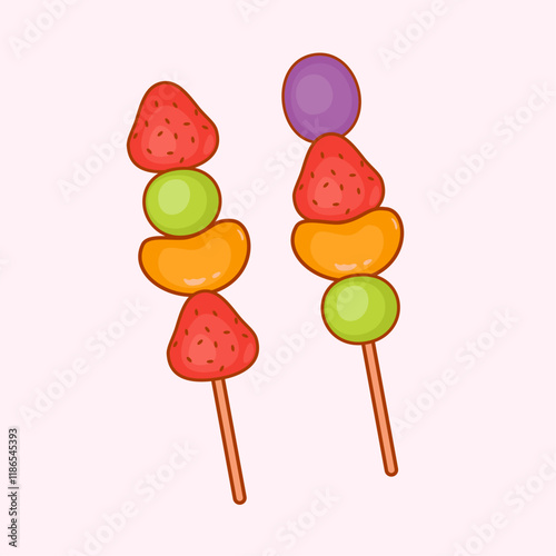 Mix Tanghulu Fruit Coated in Sugar Syrup. Asian Street Food. Strawberry, Orange, Grape, Kiwi, Muscat Tanghulu