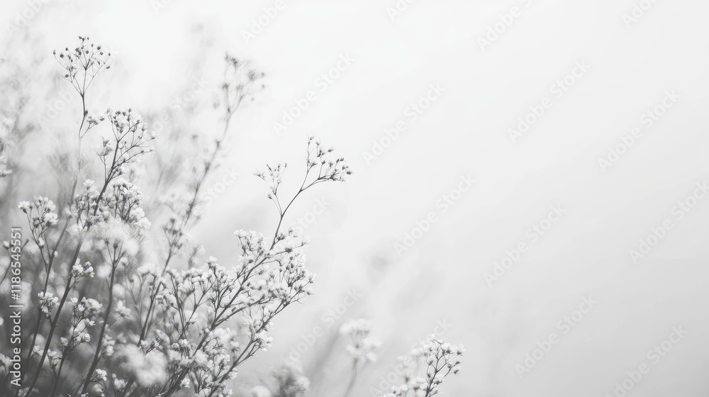 Monochrome Bokeh Background with Delicate Wildflowers in Soft Focus for Elegant Design and Minimalist Aesthetics Monochrome Bokeh Background with Delicate Wildflowers in Soft Focus for Elegant Design and Minimalist Aesthetics