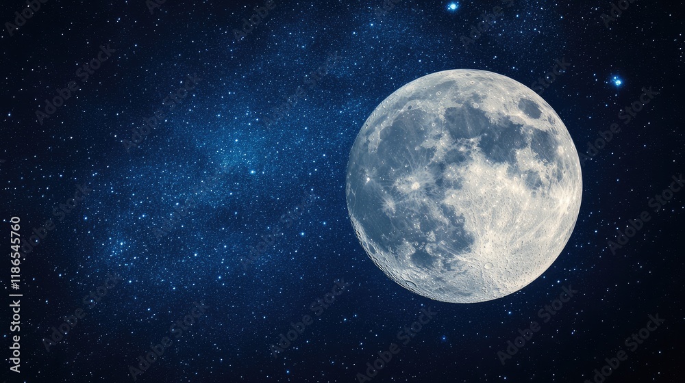 Radiant Full Moon Illuminating a Starry Sky with Deep Blue Tones and Celestial Sparkles Radiant Full Moon Illuminating a Starry Sky with Deep Blue Tones and Celestial Sparkles