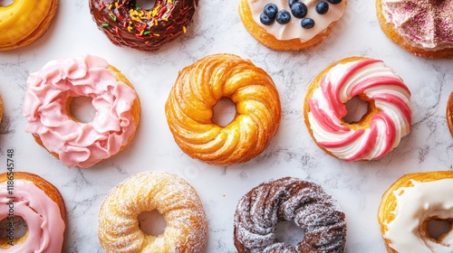 Gourmet Soft French Cruller and Assorted Donuts with Varied Icing and Toppings on Marble Background photo