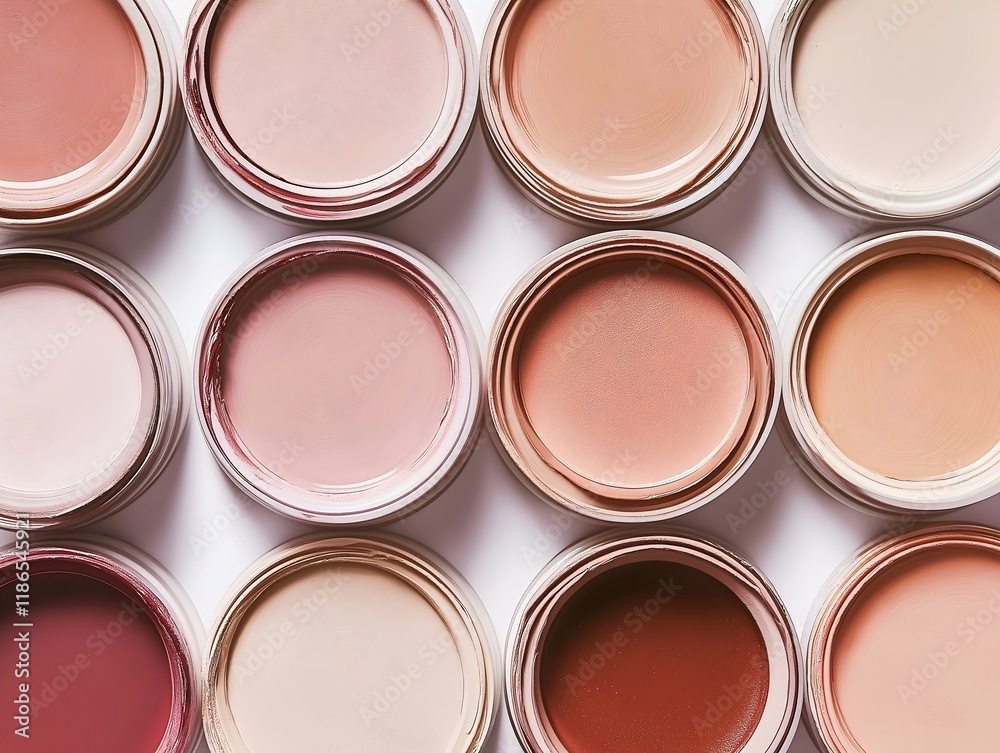 Collection of open tins of home decor paint in pink and beige. Collection of open tins of home decor paint in pink and beige.