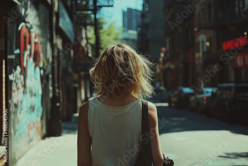 A woman strolls through a vibrant urban city landscape. photo