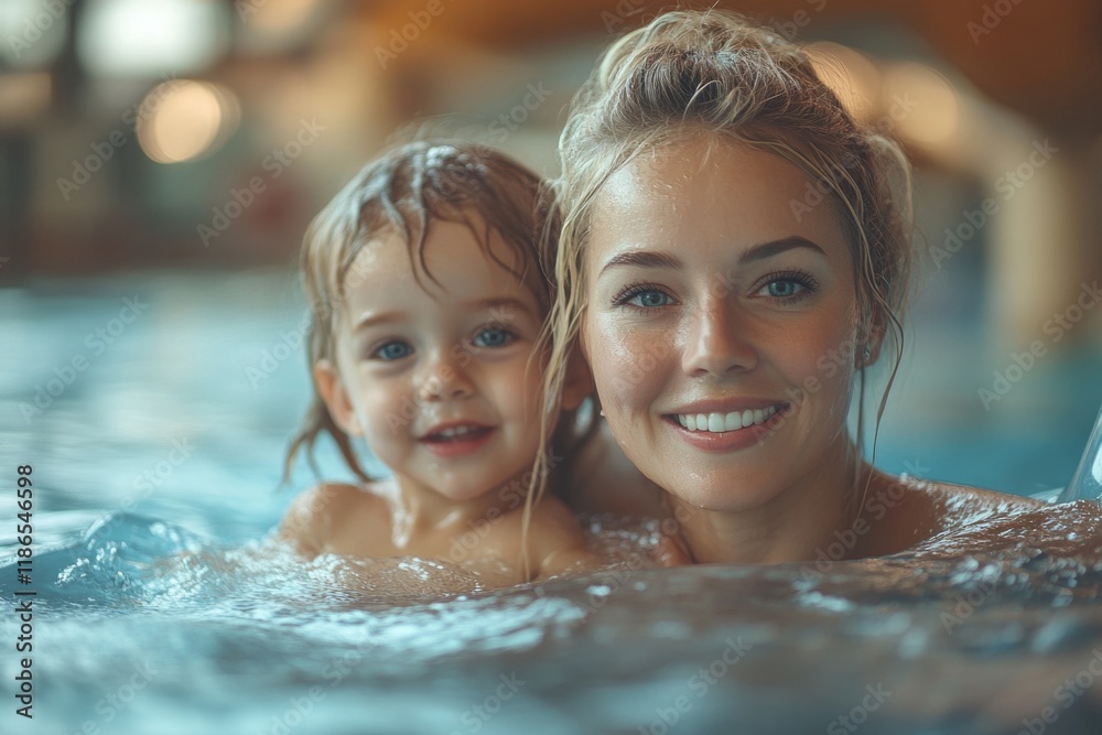 A mother and her child enjoying time in a swimming pool, great for family and kid-related concepts A mother and her child enjoying time in a swimming pool, great for family and kid-related concepts