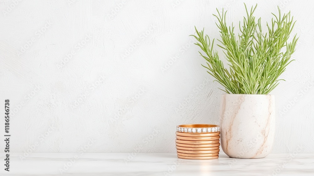 Elegant marble vase with greenery and decorative metallic rings on a bright, minimalist countertop Elegant marble vase with greenery and decorative metallic rings on a bright, minimalist countertop