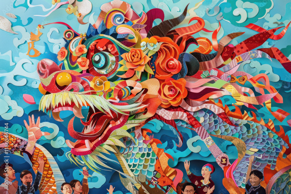 Obraz premium Chinese New Year snake paper cuttings, dynamic parade scene, lion and dragon dancers, vivid details, cheering crowd, cultural richness