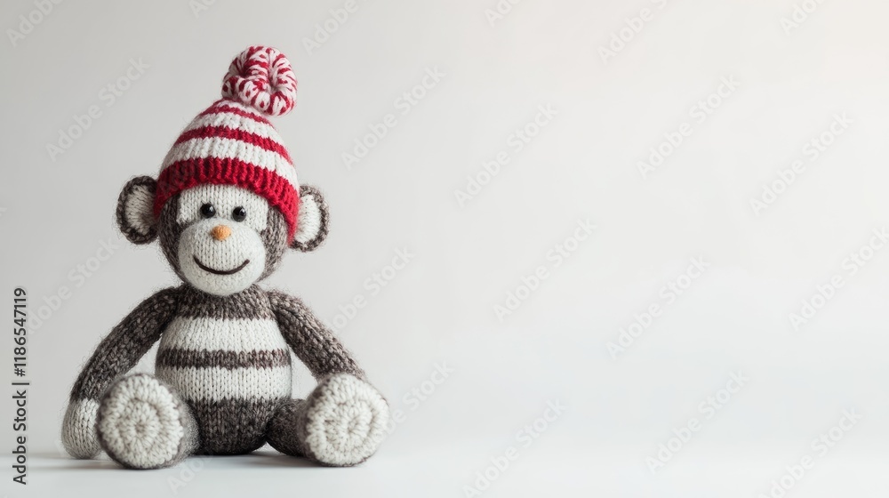 Knitted Sock Monkey Toy with Red and White Striped Hat Against Plain White Background for Holiday and Craft Themes Knitted Sock Monkey Toy with Red and White Striped Hat Against Plain White Background for Holiday and Craft Themes